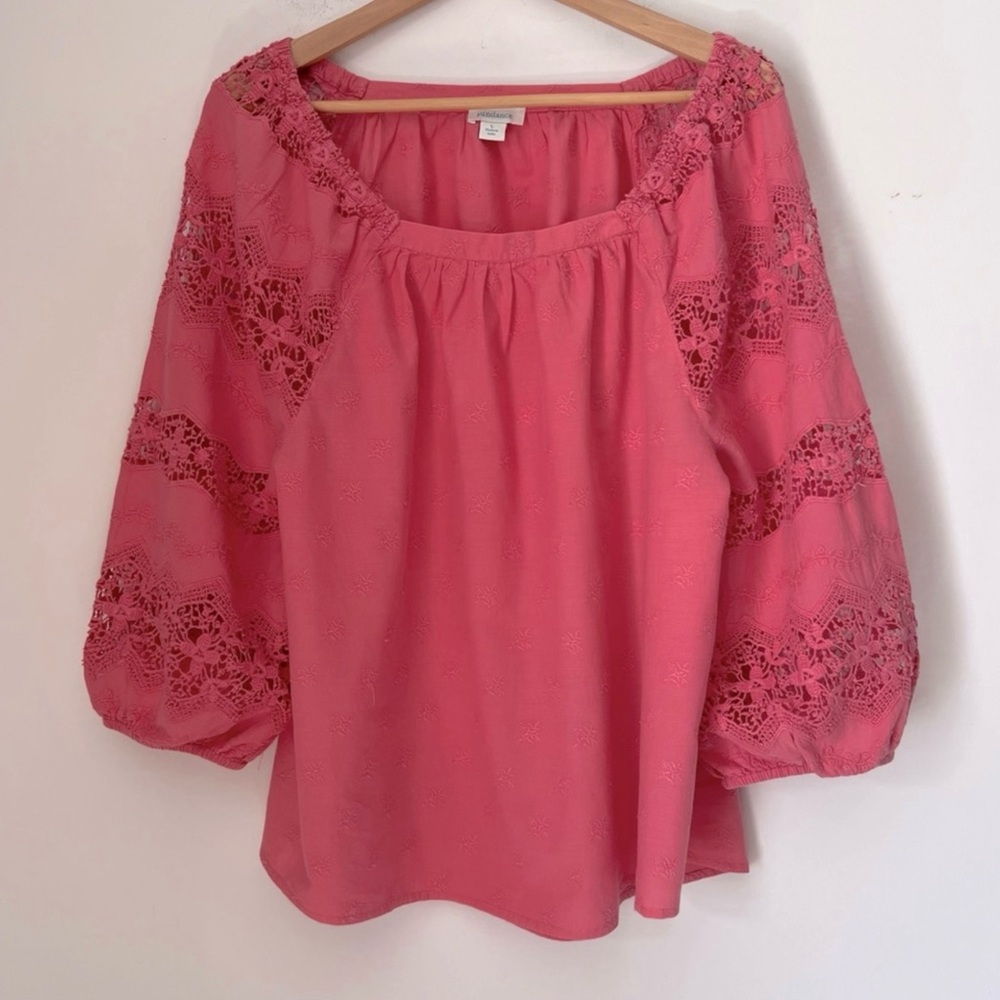 SUNDANCE Pink Lace Embroidered Cotton Relaxed Fit Balloon Sleeve Blouse L